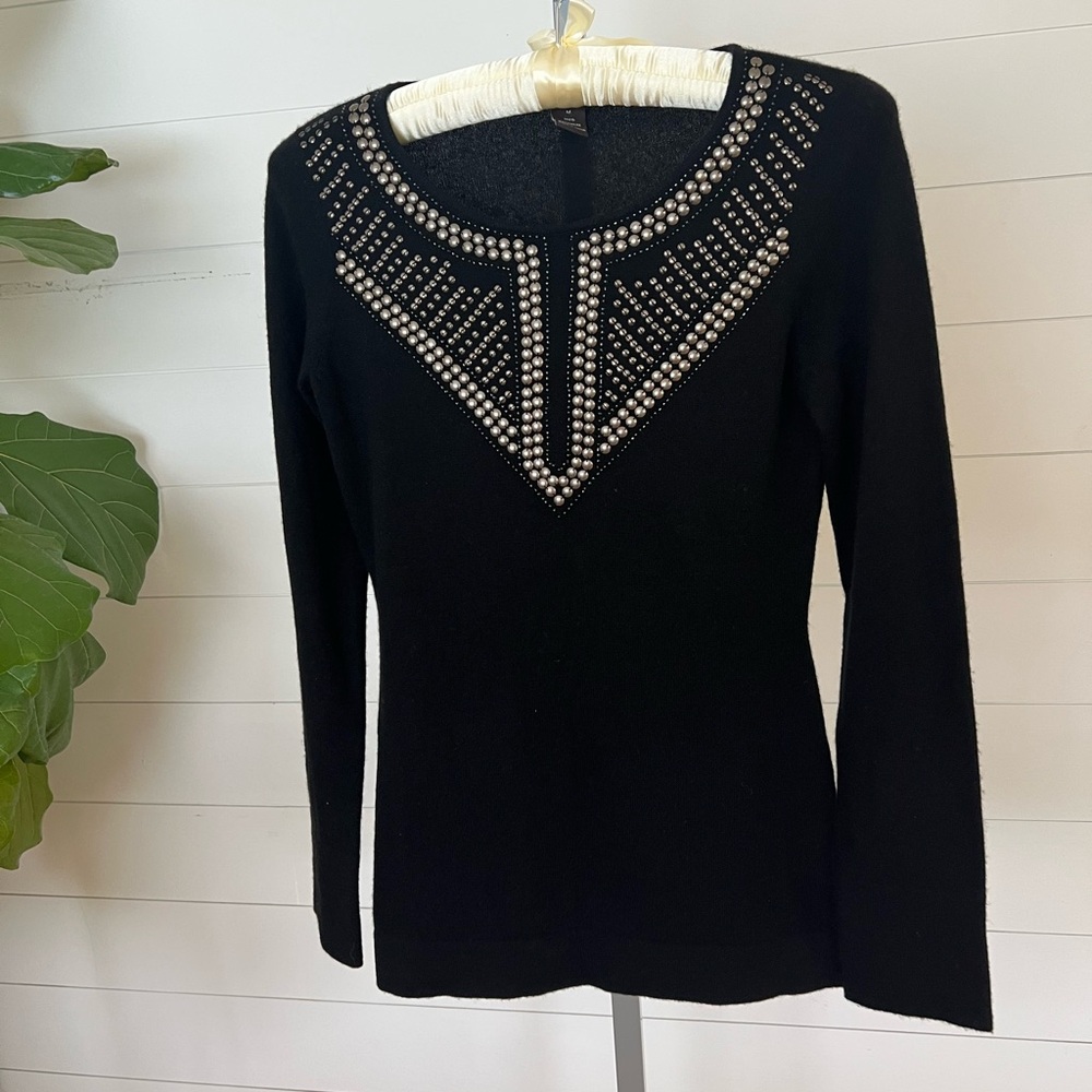 Henri Bendel Black Cashmere Sweater with Silver Stud Detailing